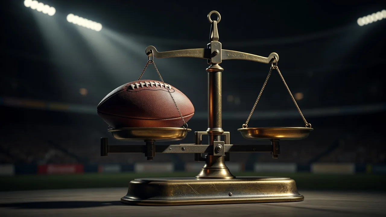 Vintage brass weighing scale with a football resting on one pan